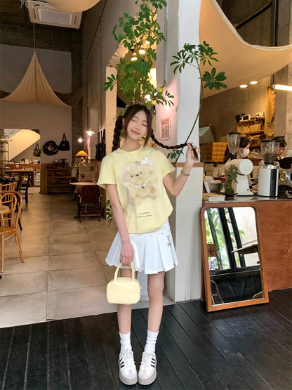 CCKOK Milk Huhu Printed Puppy Straight Shoulder Short Sleeve 2024 New Loose Niche Age-Reducing Design T-shirt Women's Summer