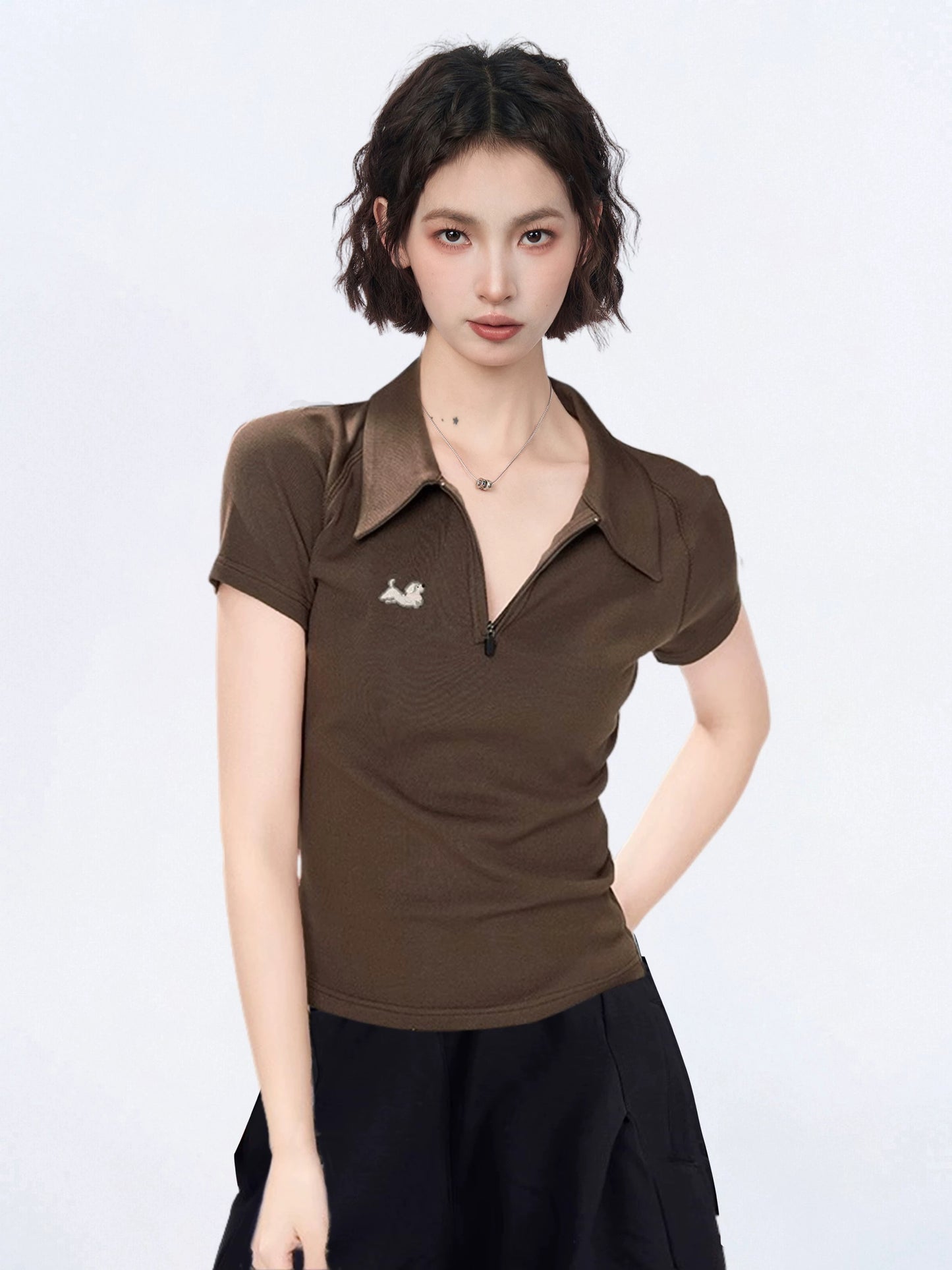 Half-zip polo shirt straight shoulder short-sleeved T-shirt women's summer summer slim short tight American hot girl half-sleeved top