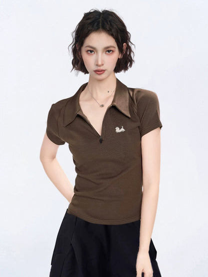 Half-zip polo shirt straight shoulder short-sleeved T-shirt women's summer summer slim short tight American hot girl half-sleeved top