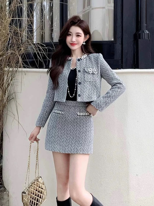 Nanyou light luxury niche designer style French style handmade rhinestone herringbone pattern wool tweed suit