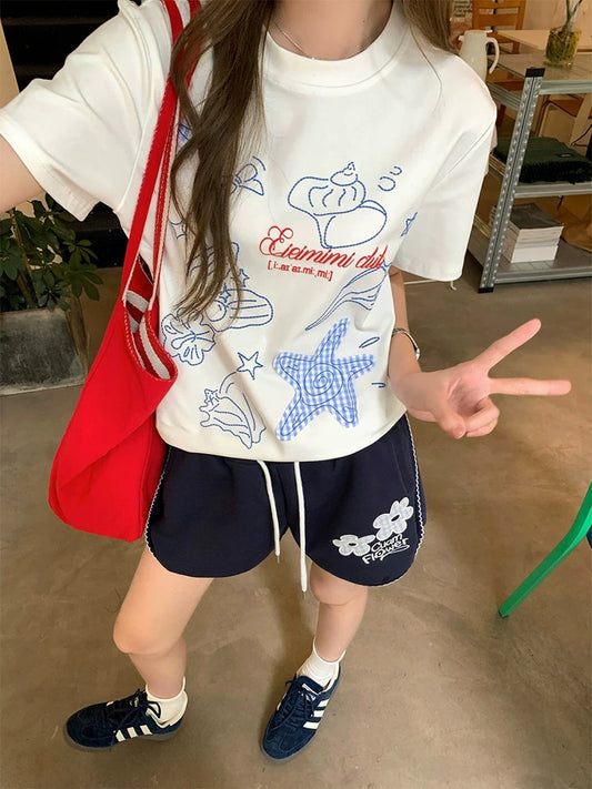 CCKOK dotted line embroidered shell plaid starfish straight shoulder T-shirt 2025 summer new niche age-reducing design short-sleeved female