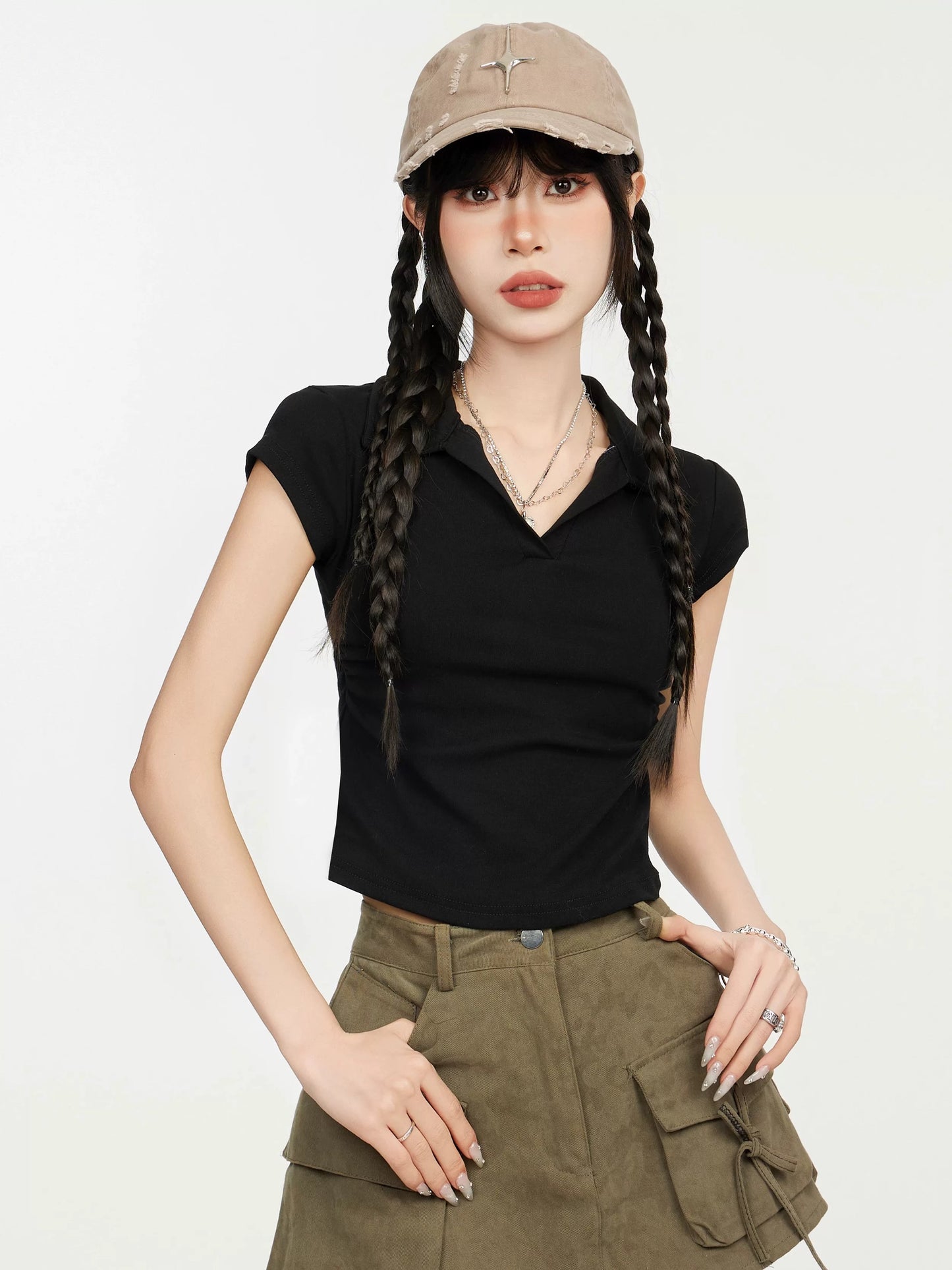 Black straight shoulder polo collar short sleeve T-shirt women's summer slim waist slimming v-neck pure cotton small flying sleeve top