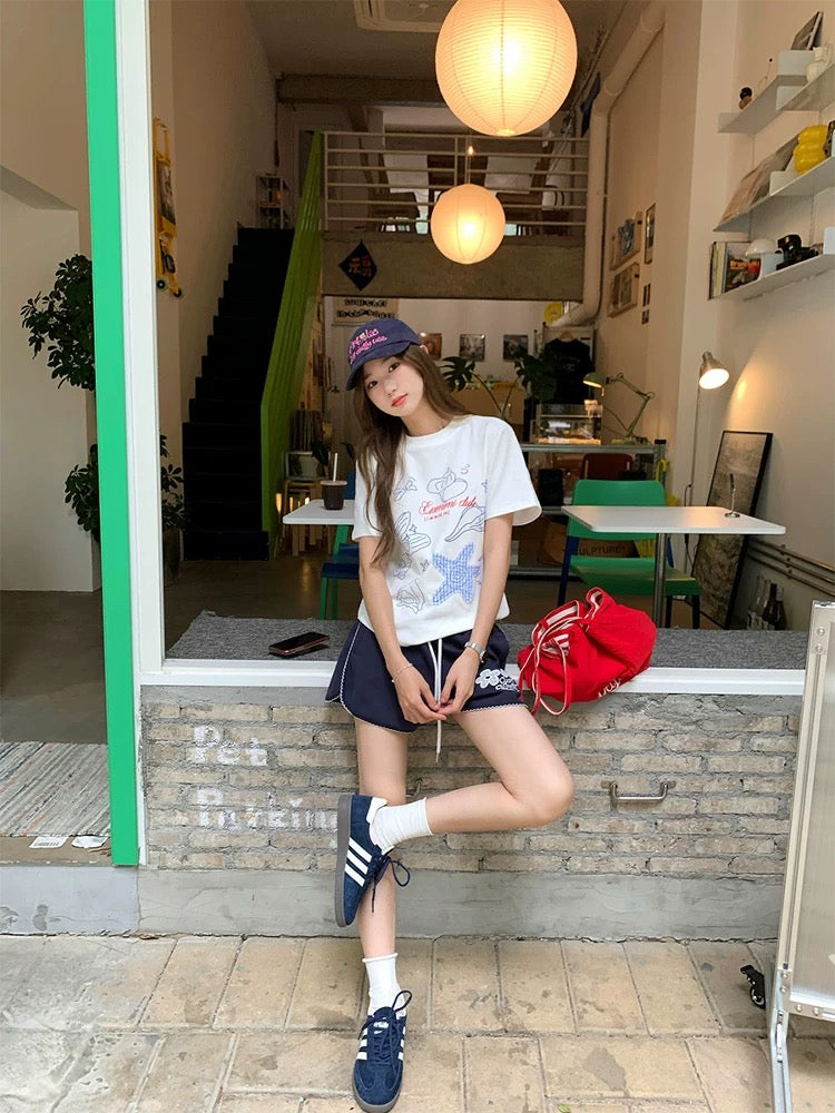 CCKOK dotted line embroidered shell plaid starfish straight shoulder T-shirt 2025 summer new niche age-reducing design short-sleeved female