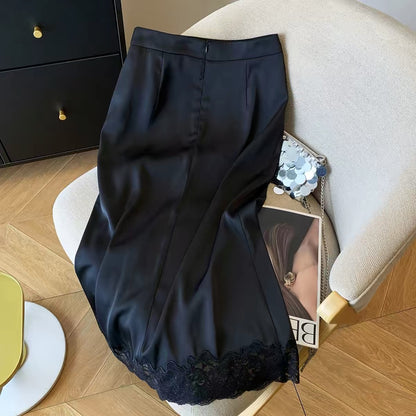 Women's Satin Skirt (2026 New Arrival): Sophisticated & Elegant Style featuring Lace Paneling, a Body-Hugging Fit, and a Touch of Affordable Luxury—A High-End, Sexy Skirt.