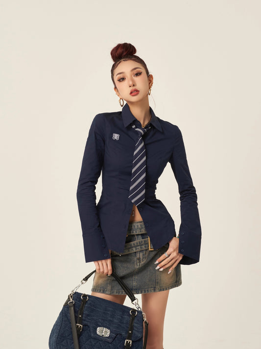 Wild zero white blue long-sleeved shirt for women spring college style hot girl niche slim waist slim right shoulder top