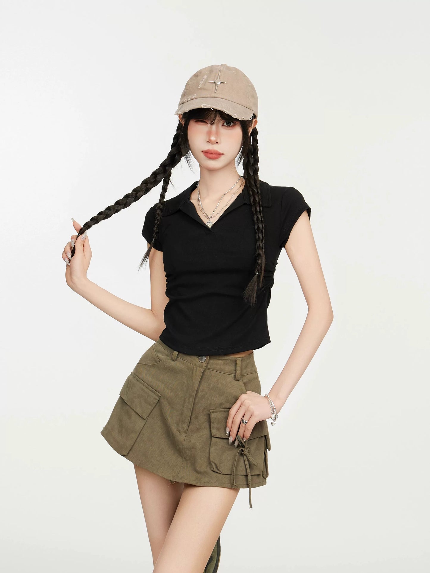 Black straight shoulder polo collar short sleeve T-shirt women's summer slim waist slimming v-neck pure cotton small flying sleeve top