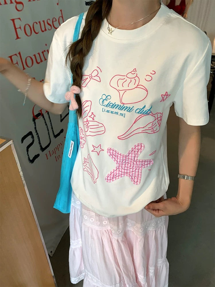 CCKOK dotted line embroidered shell plaid starfish straight shoulder T-shirt 2025 summer new niche age-reducing design short-sleeved female