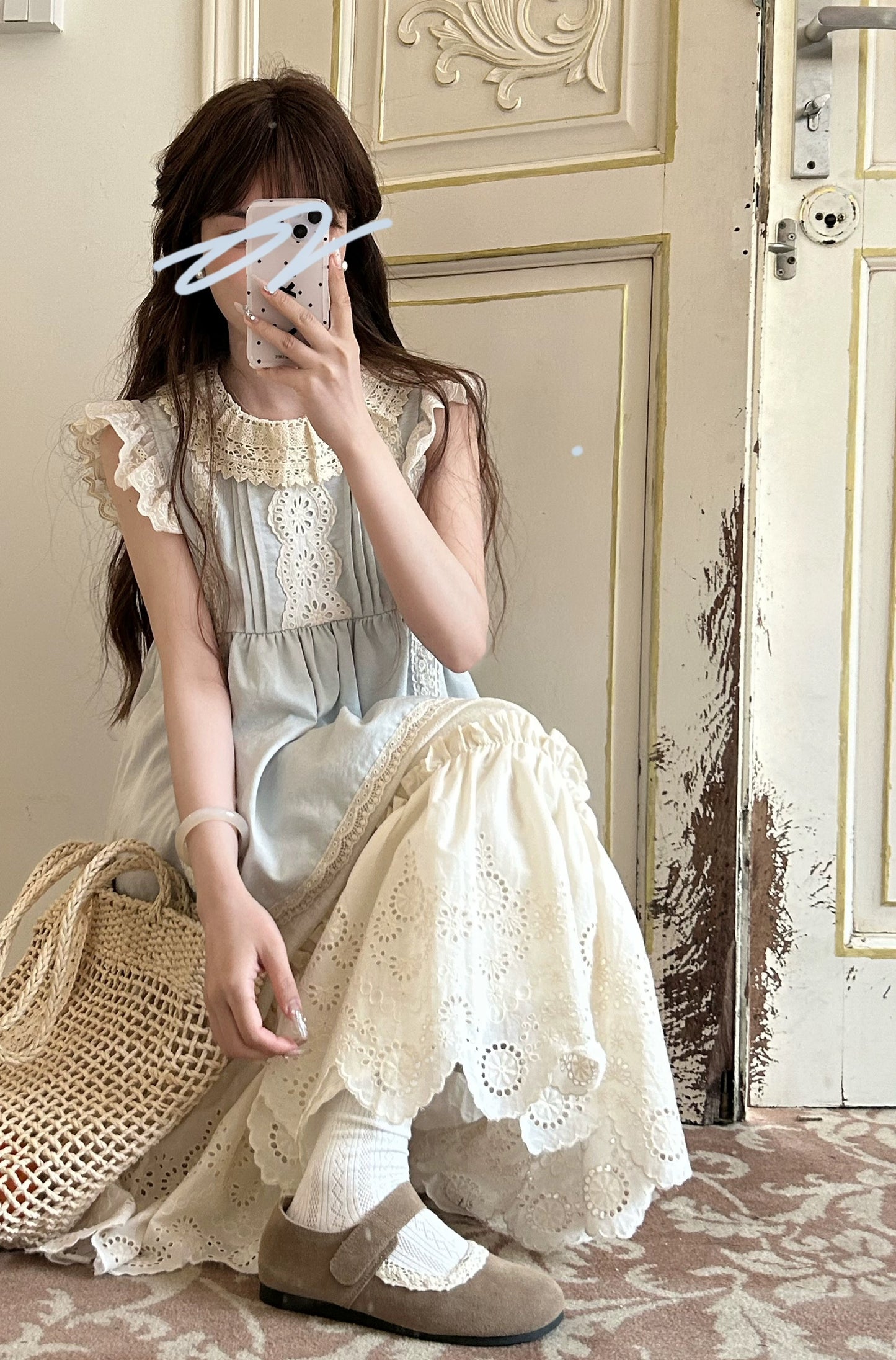 DOLL Original [Summer Youyou] Blue Flying Sleeve Top Women's Summer New Sweet Waist Round Neck Top