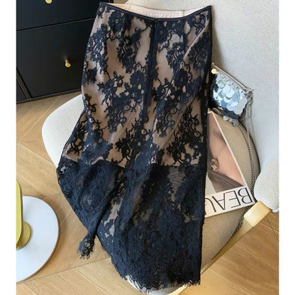 Women's Elegant Black Lace Skirt – Premium Design, Slim-Fit, Cut-Out Detail, A-Line/Straight Silhouette (Summer 2026)