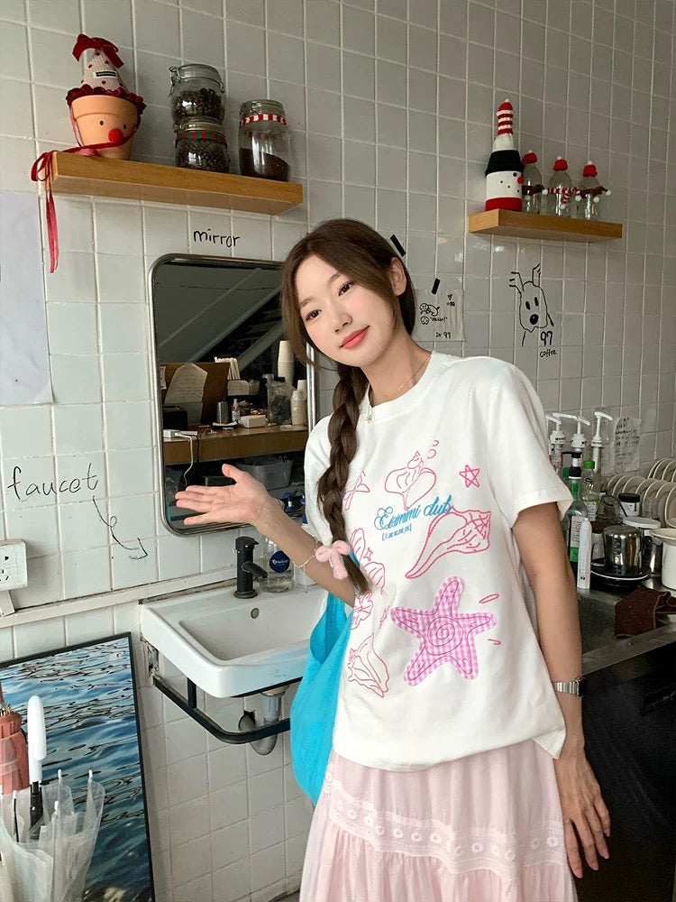CCKOK dotted line embroidered shell plaid starfish straight shoulder T-shirt 2025 summer new niche age-reducing design short-sleeved female
