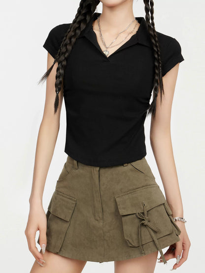 Black straight shoulder polo collar short sleeve T-shirt women's summer slim waist slimming v-neck pure cotton small flying sleeve top