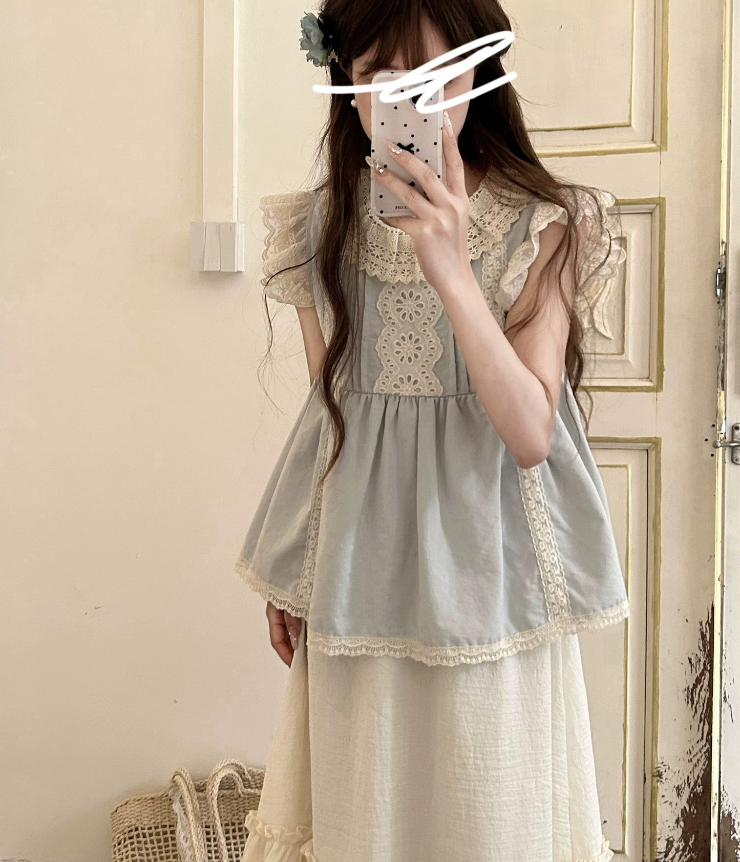 DOLL Original [Summer Youyou] Blue Flying Sleeve Top Women's Summer New Sweet Waist Round Neck Top