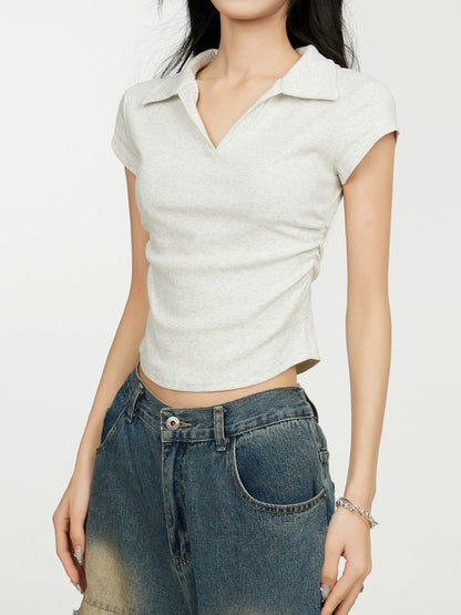 Black straight shoulder polo collar short sleeve T-shirt women's summer slim waist slimming v-neck pure cotton small flying sleeve top