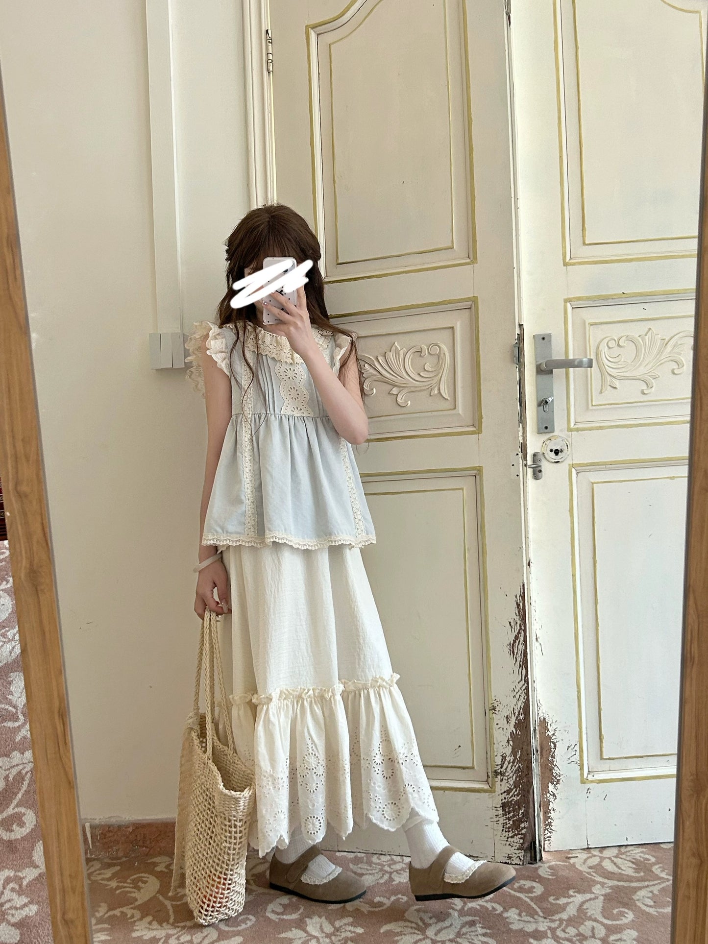 DOLL Original [Summer Youyou] Blue Flying Sleeve Top Women's Summer New Sweet Waist Round Neck Top