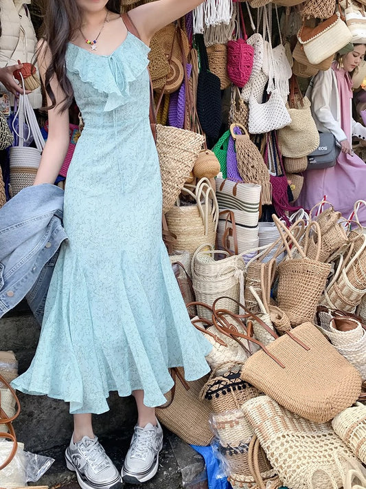 Zeng Xiaoxian Holiday Series Blue V-neck Floral Suspender Long Skirt Women's Summer Small Casual Holiday Dress