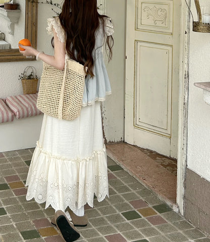 DOLL Original [Summer Youyou] Blue Flying Sleeve Top Women's Summer New Sweet Waist Round Neck Top