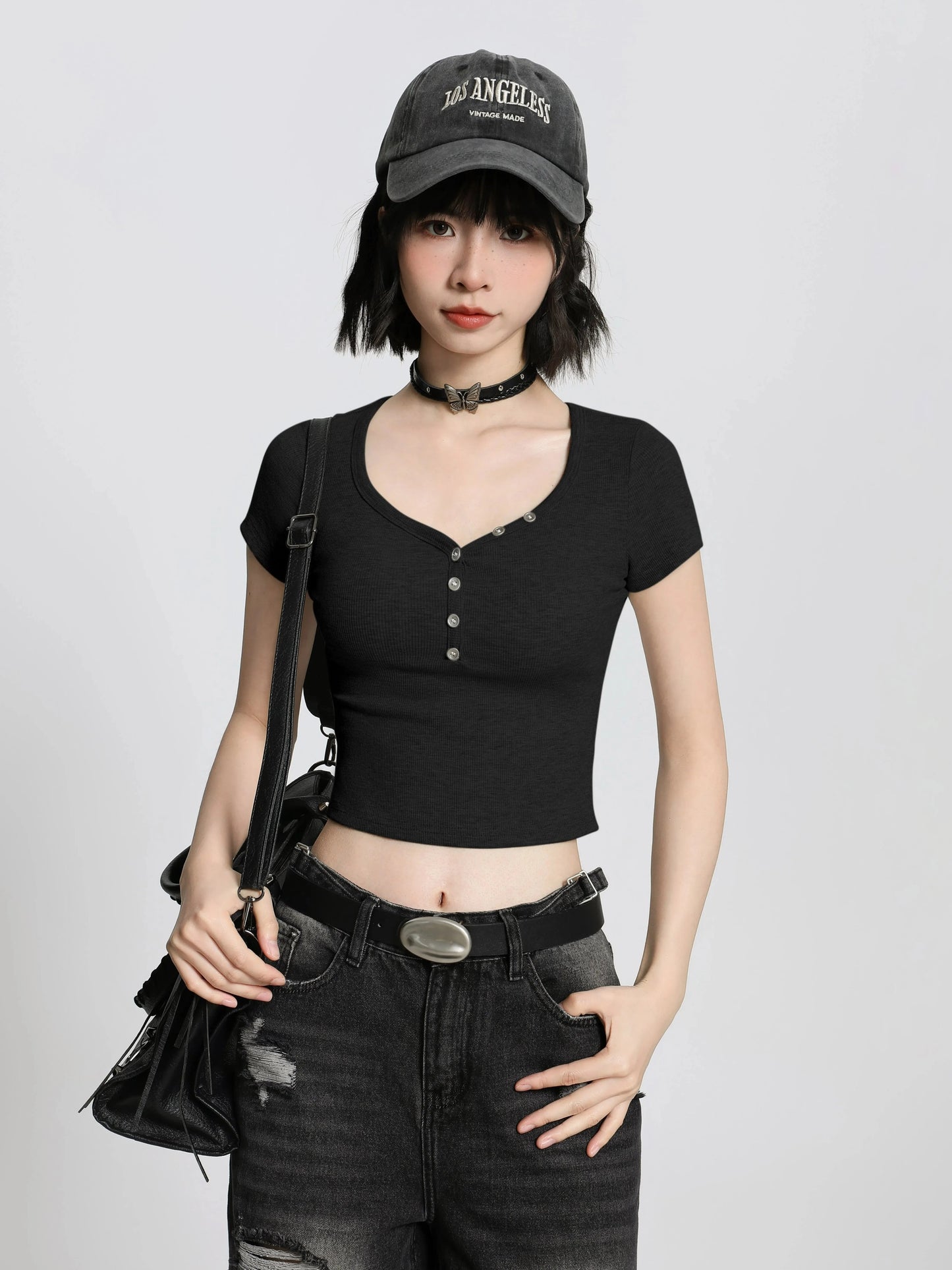 Black U-neck large neckline straight shoulder short-sleeved T-shirt women's summer slim tight high waist short pure desire hot girl black T top