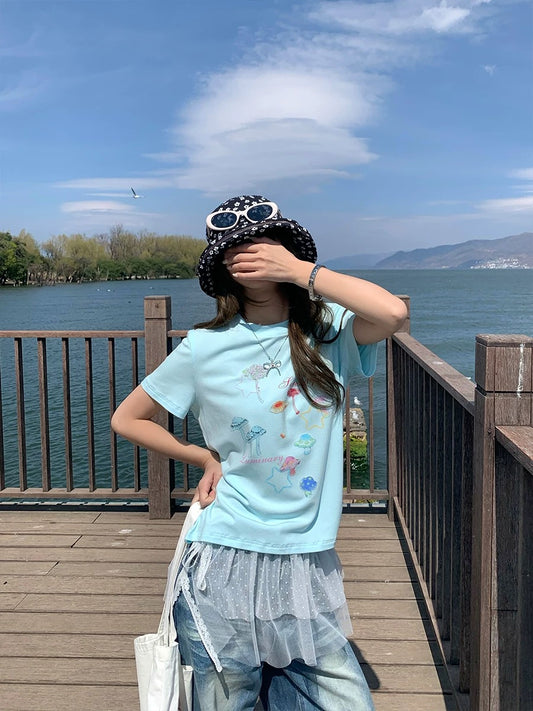 CCKOK Watercolor Mushroom Straight Shoulder Short Sleeve 2025 Summer New Hong Kong Style Niche Age Reduction Design T-shirt Women