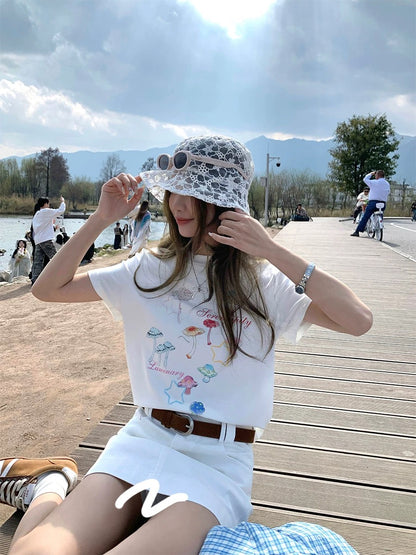 CCKOK Watercolor Mushroom Straight Shoulder Short Sleeve 2025 Summer New Hong Kong Style Niche Age Reduction Design T-shirt Women