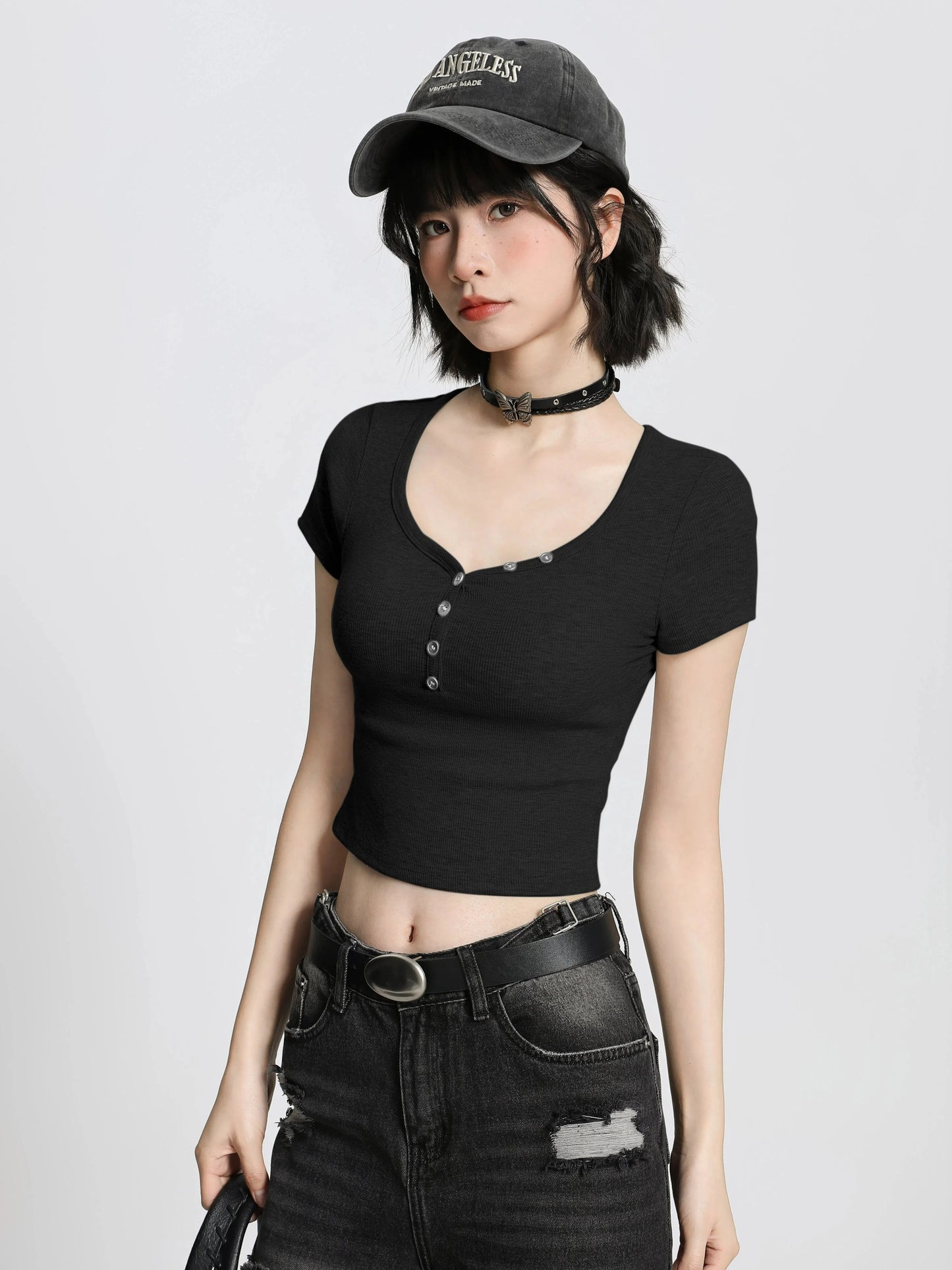 Black U-neck large neckline straight shoulder short-sleeved T-shirt women's summer slim tight high waist short pure desire hot girl black T top