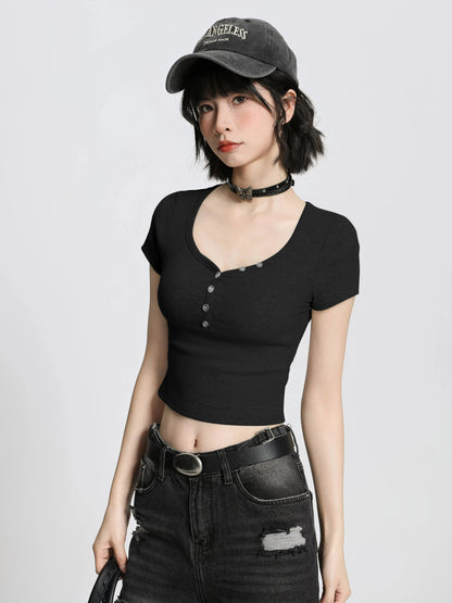 Black U-neck large neckline straight shoulder short-sleeved T-shirt women's summer slim tight high waist short pure desire hot girl black T top