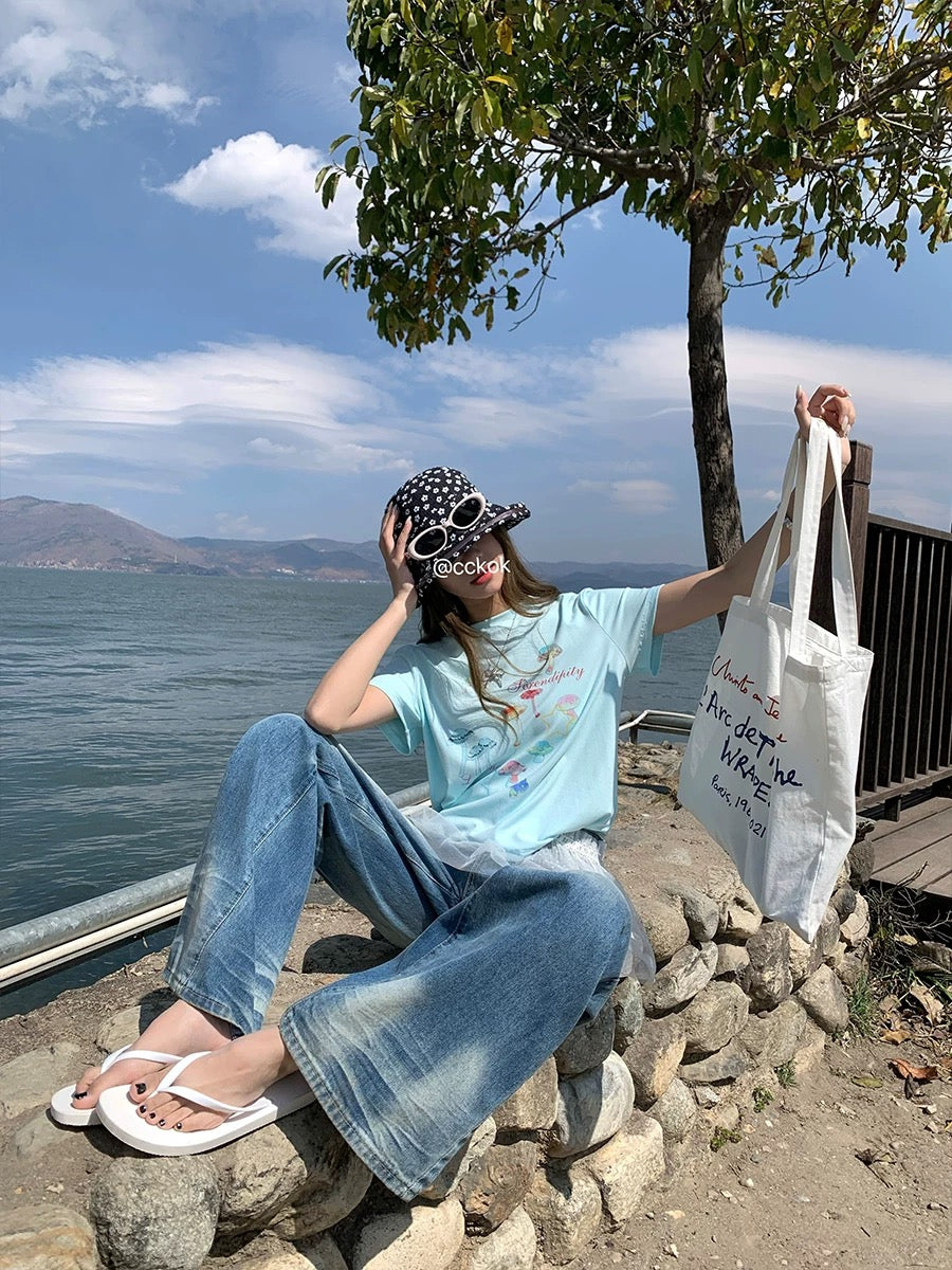 CCKOK Watercolor Mushroom Straight Shoulder Short Sleeve 2025 Summer New Hong Kong Style Niche Age Reduction Design T-shirt Women