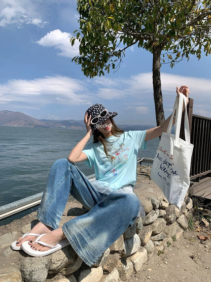 CCKOK Watercolor Mushroom Straight Shoulder Short Sleeve 2025 Summer New Hong Kong Style Niche Age Reduction Design T-shirt Women