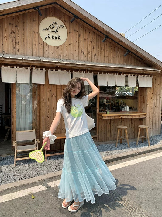 CCKOK hand-painted apple lace bow buckle pin shoulder T-shirt 2025 summer new niche design short-sleeved female