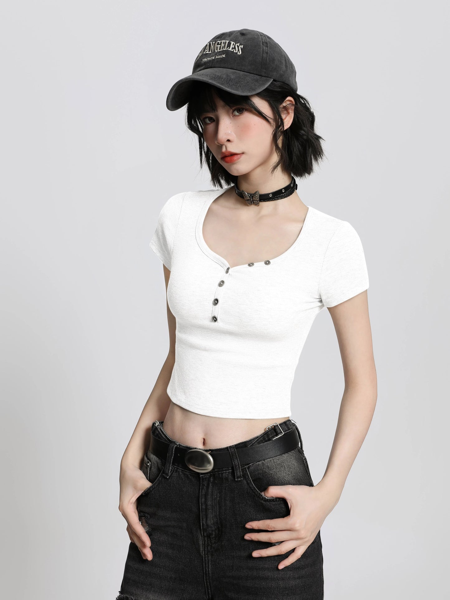 Black U-neck large neckline straight shoulder short-sleeved T-shirt women's summer slim tight high waist short pure desire hot girl black T top