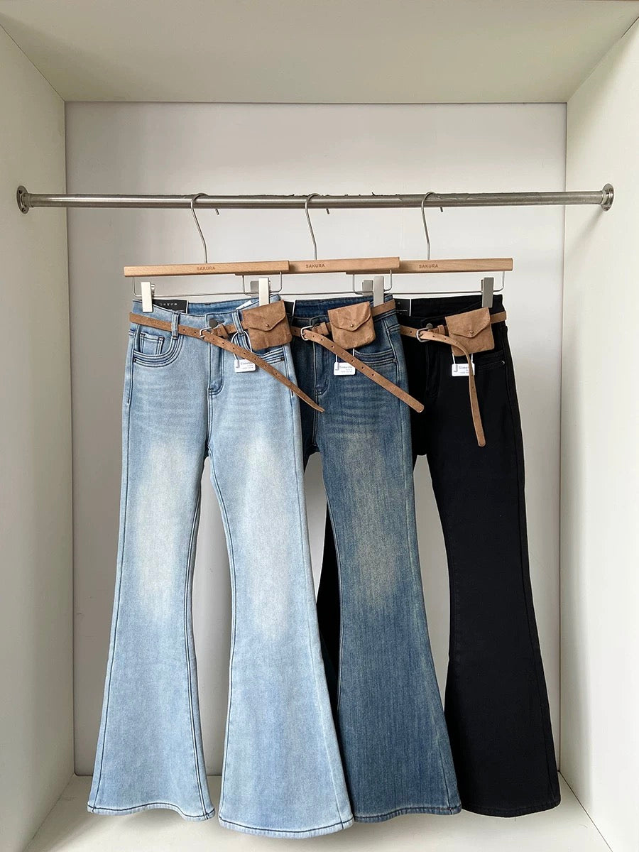 2025 Winter New Korean Style Versatile Fleece-Lined Thickened Blue Flared Denim Pants for Women (Cloth-Lined, Hip-Lifting, Slimming)