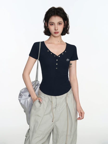 American navy blue v-neck straight shoulder short-sleeved T-shirt women's summer slim short tight hot girl large neckline half-sleeved top