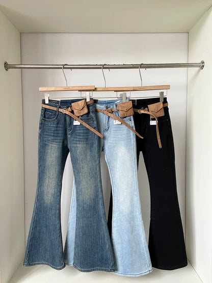 2025 Winter New Korean Style Versatile Fleece-Lined Thickened Blue Flared Denim Pants for Women (Cloth-Lined, Hip-Lifting, Slimming)