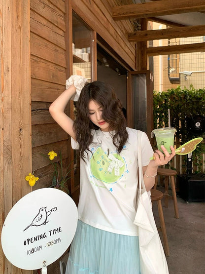CCKOK hand-painted apple lace bow buckle pin shoulder T-shirt 2025 summer new niche design short-sleeved female