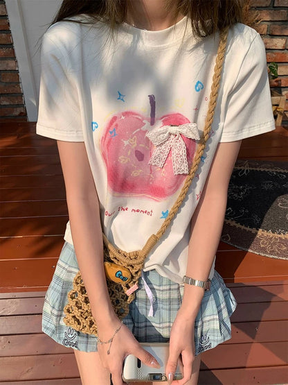 CCKOK hand-painted apple lace bow buckle pin shoulder T-shirt 2025 summer new niche design short-sleeved female