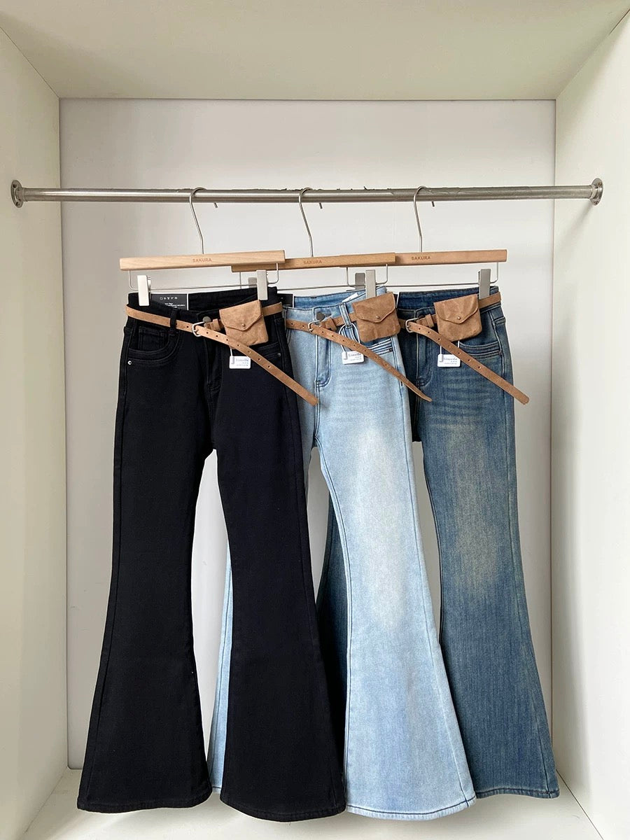 2025 Winter New Korean Style Versatile Fleece-Lined Thickened Blue Flared Denim Pants for Women (Cloth-Lined, Hip-Lifting, Slimming)