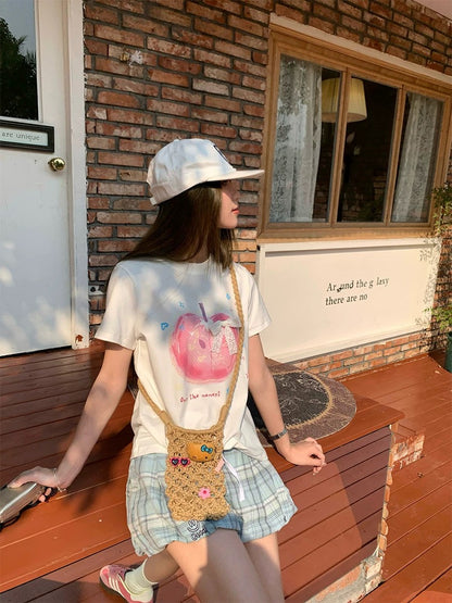 CCKOK hand-painted apple lace bow buckle pin shoulder T-shirt 2025 summer new niche design short-sleeved female