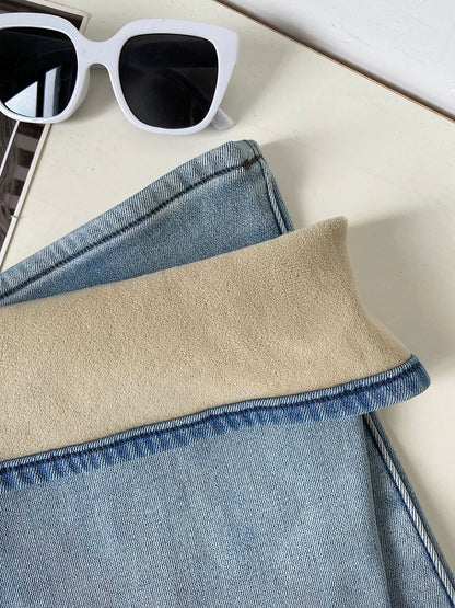 2025 Winter New Korean Style Versatile Fleece-Lined Thickened Blue Flared Denim Pants for Women (Cloth-Lined, Hip-Lifting, Slimming)