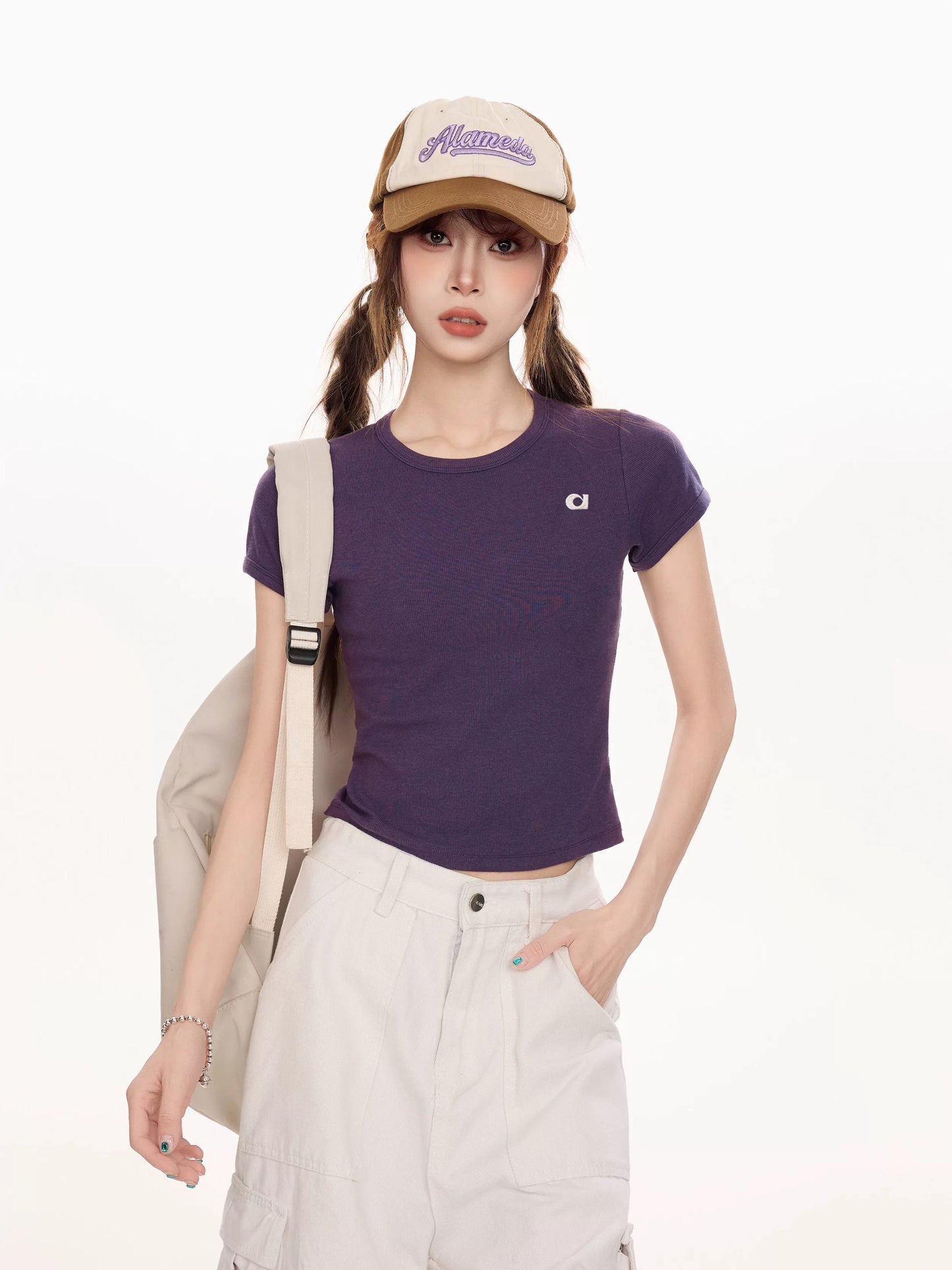 American purple straight shoulder short-sleeved T-shirt women's summer 2025 new slim waist sports jersey short top