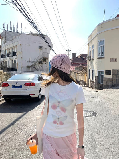 CCKOK Dreamy Butterfly Print Three-Dimensional Slim Shoulder T-shirt 2025 Summer New Salty Girl Short Sleeve Female