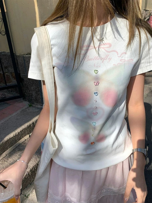 CCKOK Dreamy Butterfly Print Three-Dimensional Slim Shoulder T-shirt 2025 Summer New Salty Girl Short Sleeve Female