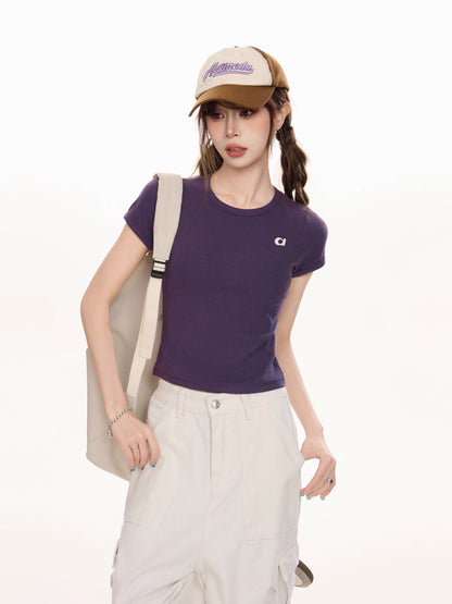 American purple straight shoulder short-sleeved T-shirt women's summer 2025 new slim waist sports jersey short top