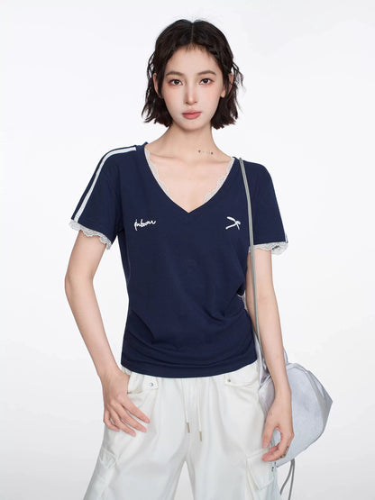American navy blue lace v-neck straight shoulder short-sleeved T-shirt for women summer design slim fit short hot girl top