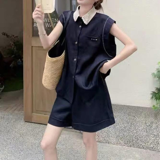 Shirley's Shop! High-End PO Collar Shirt and Elastic Shorts Two-Piece Set - 1310