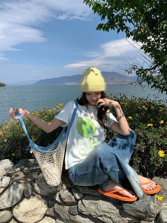 CCKOK fresh green apple three-dimensional diamond shoulder T-shirt 2025 summer new style age-reducing Hong Kong style white short-sleeved female