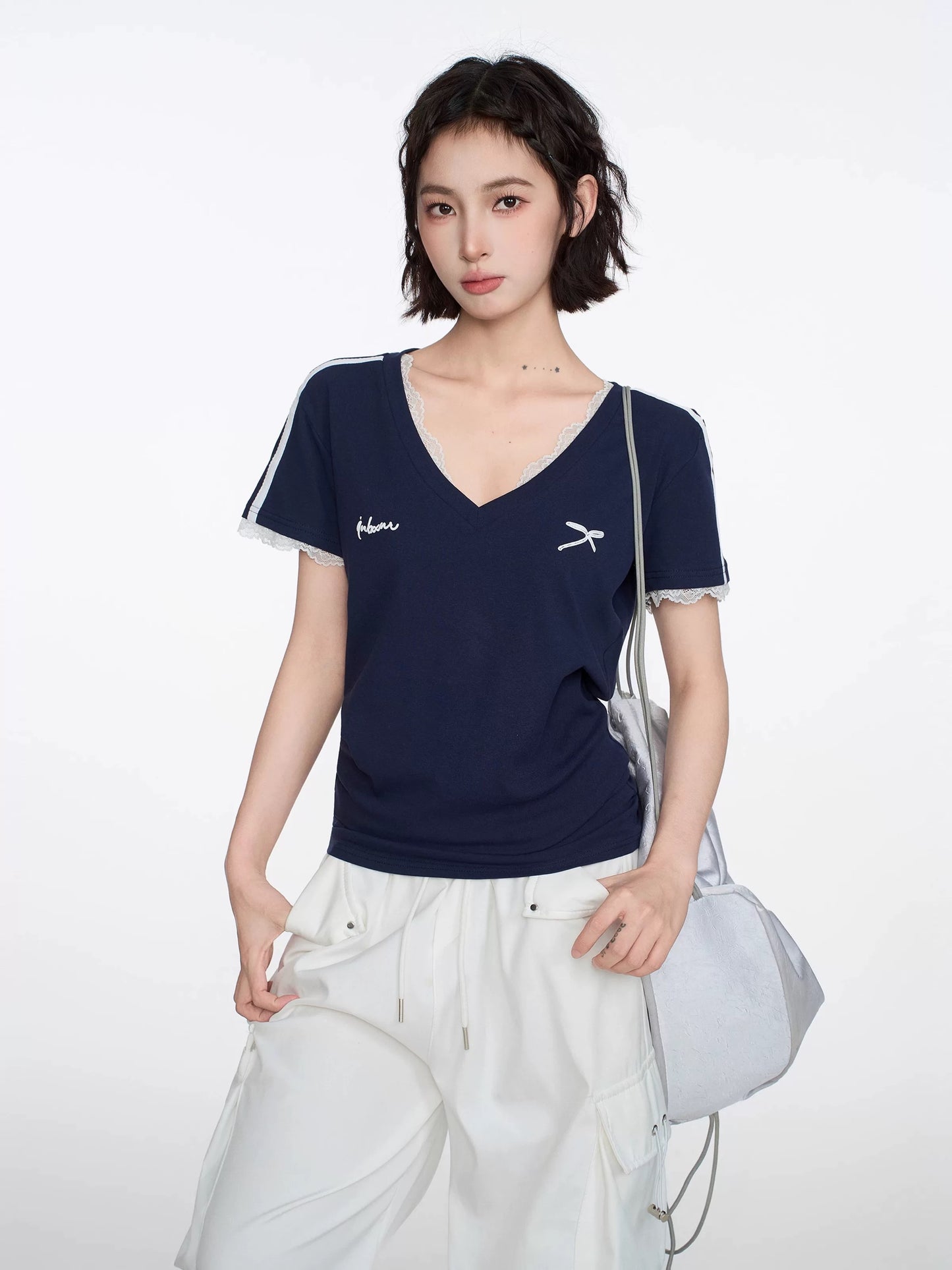American navy blue lace v-neck straight shoulder short-sleeved T-shirt for women summer design slim fit short hot girl top