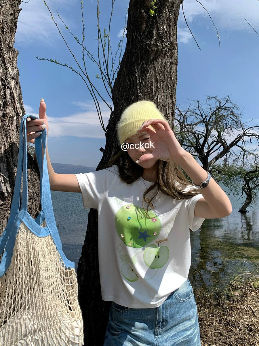 CCKOK fresh green apple three-dimensional diamond shoulder T-shirt 2025 summer new style age-reducing Hong Kong style white short-sleeved female