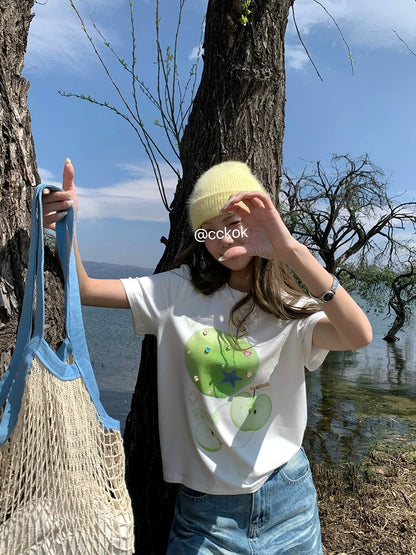 CCKOK fresh green apple three-dimensional diamond shoulder T-shirt 2025 summer new style age-reducing Hong Kong style white short-sleeved female