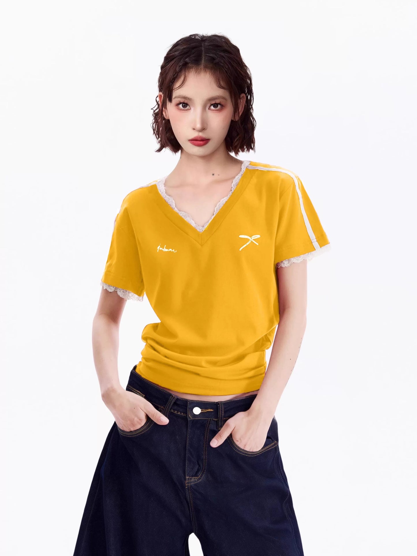 American navy blue lace v-neck straight shoulder short-sleeved T-shirt for women summer design slim fit short hot girl top