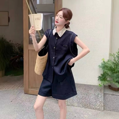 Shirley's Shop! High-End PO Collar Shirt and Elastic Shorts Two-Piece Set - 1310