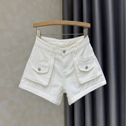 Designer pocket denim shorts for women 2025 summer new slim hot girl A-line wide-leg workwear shorts